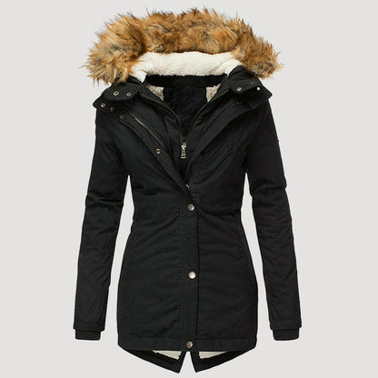 Women’s Long Hooded Parka with Faux Fur Trim and Fleece Lining