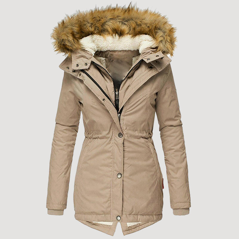Women’s Long Hooded Parka with Faux Fur Trim and Fleece Lining
