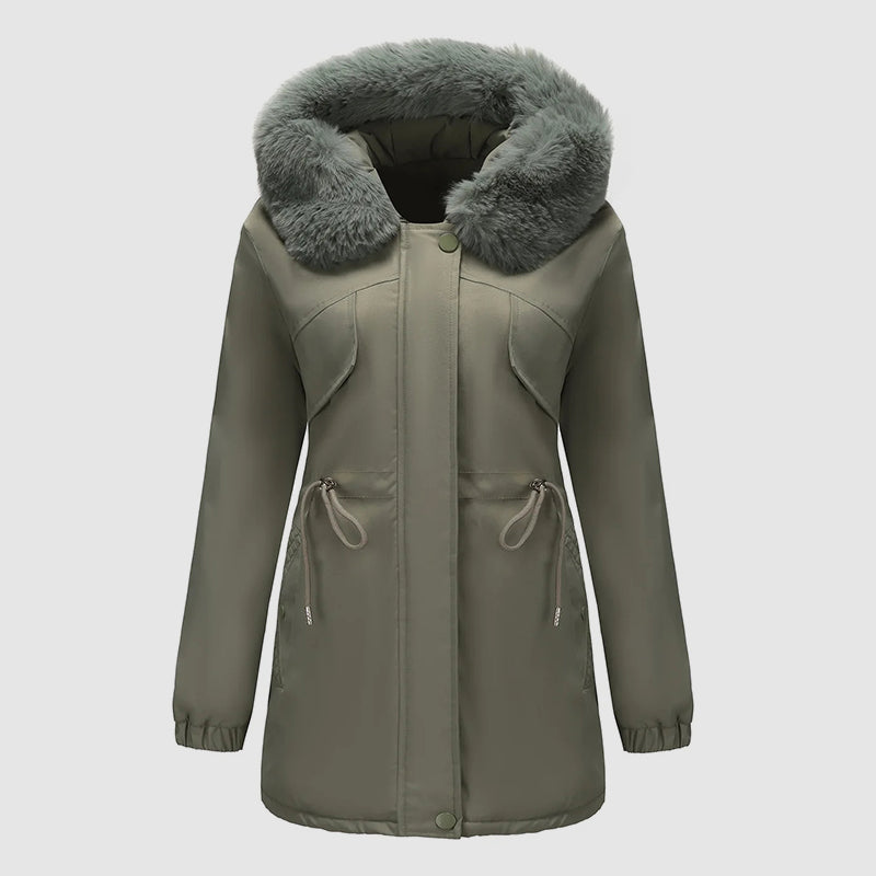 Women’s Long Parka with Fur-Trim Hood and Adjustable Waist