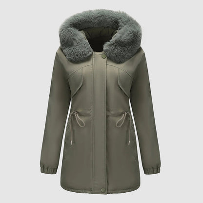 Women’s Long Parka with Fur-Trim Hood and Adjustable Waist