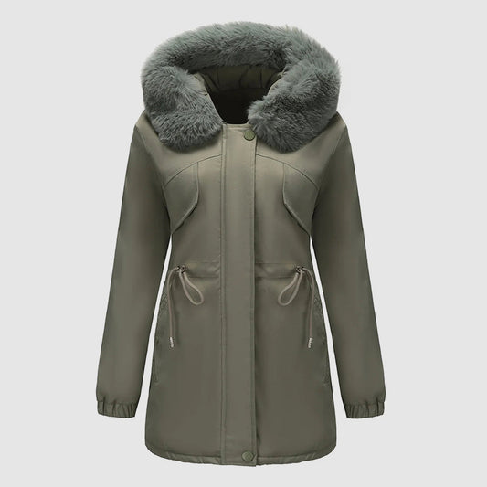 Women’s Long Parka with Fur-Trim Hood and Adjustable Waist