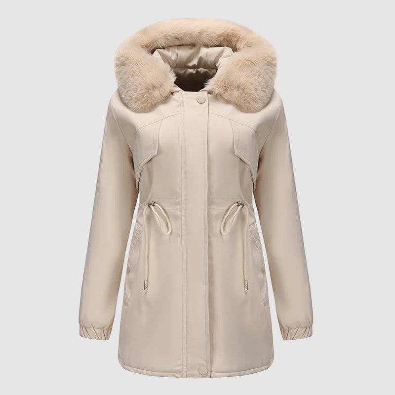 Women’s Long Parka with Fur-Trim Hood and Adjustable Waist