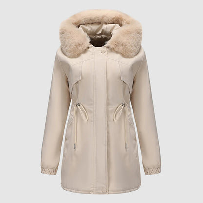 Women’s Long Parka with Fur-Trim Hood and Adjustable Waist