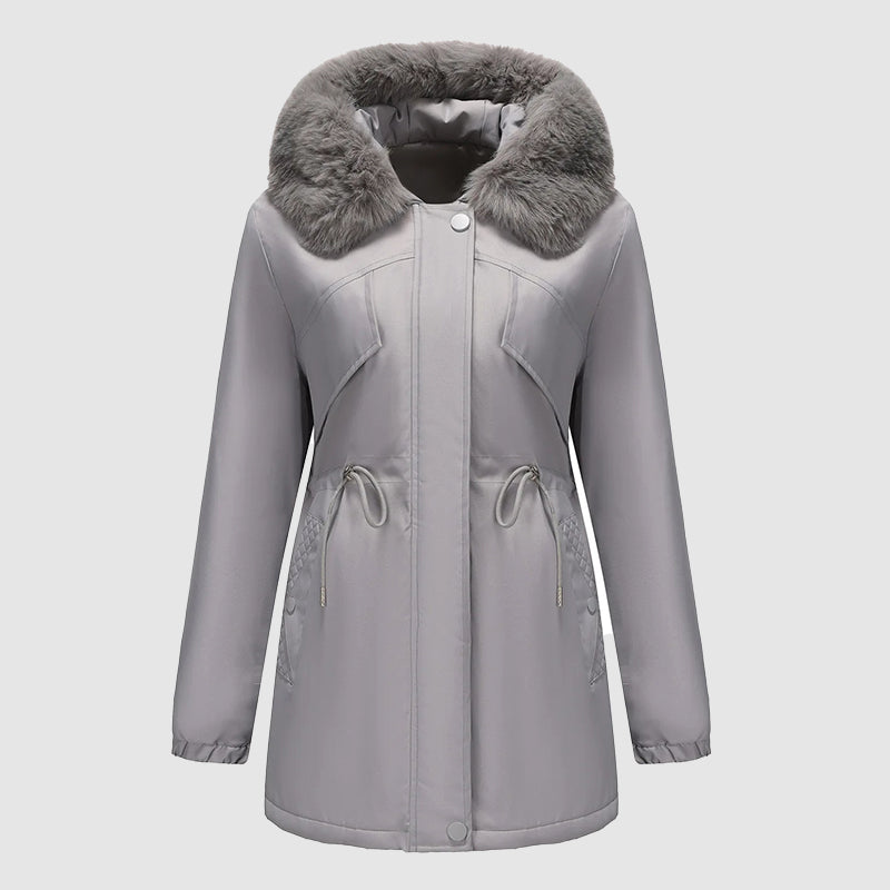 Women’s Long Parka with Fur-Trim Hood and Adjustable Waist