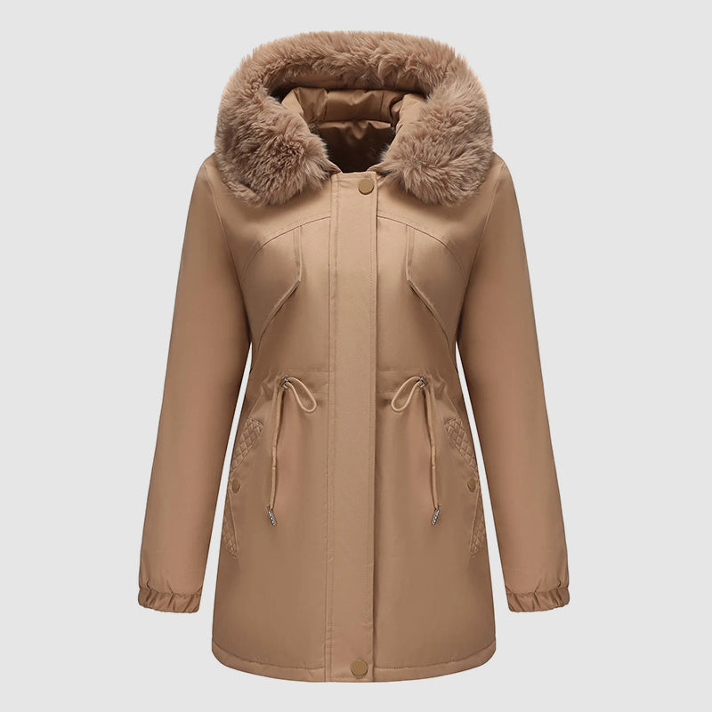 Women’s Long Parka with Fur-Trim Hood and Adjustable Waist