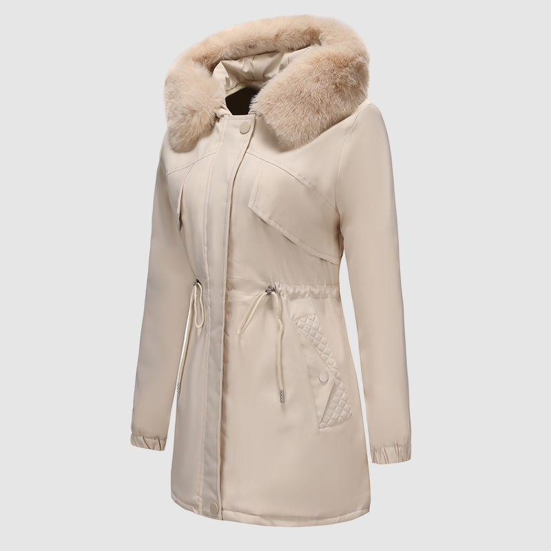 Women’s Long Parka with Fur-Trim Hood and Adjustable Waist
