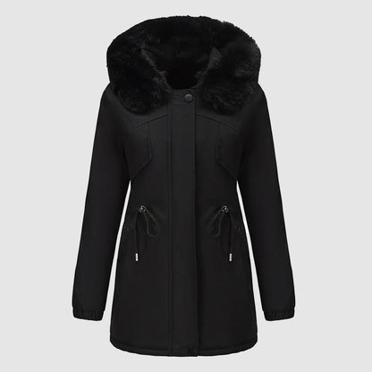 Women’s Long Parka with Fur-Trim Hood and Adjustable Waist