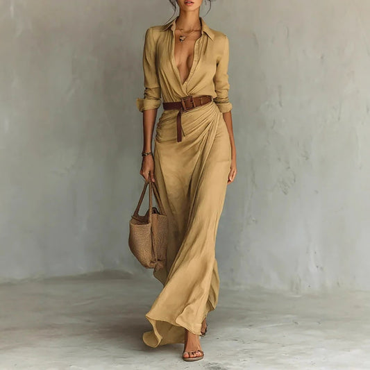 Women’s Maxi Wrap Dress with Shirt Collar and Belted Waist