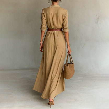 Women’s Maxi Wrap Dress with Shirt Collar and Belted Waist