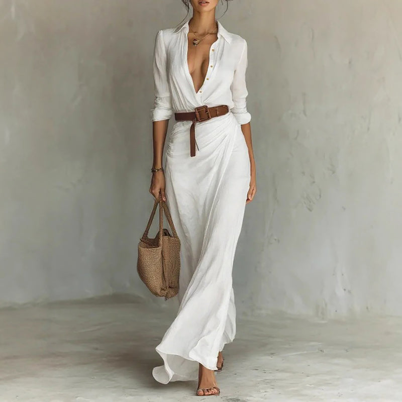 Women’s Maxi Wrap Dress with Shirt Collar and Belted Waist