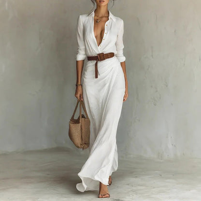 Women’s Maxi Wrap Dress with Shirt Collar and Belted Waist
