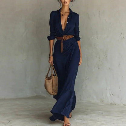 Women’s Maxi Wrap Dress with Shirt Collar and Belted Waist
