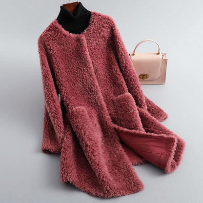 Women’s Mid-Length Faux Shearling Coat with Round Collar