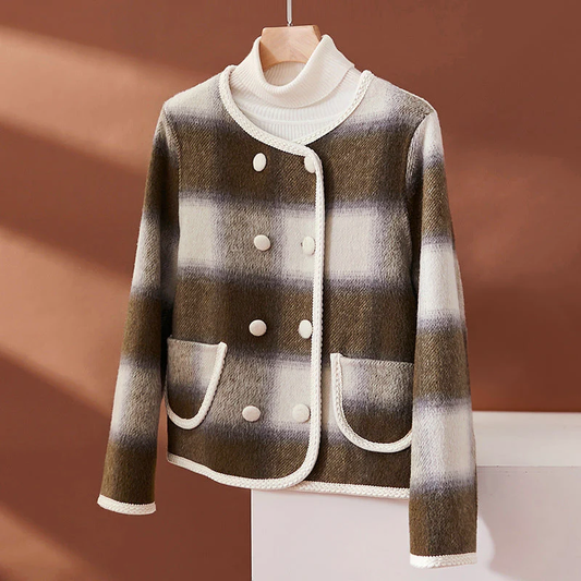 Women's Plaid Wool Blend Short Jacket with Contrast Edging