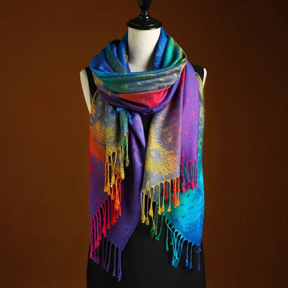 Women’s Rainbow Gradient Jacquard Knit Scarf with Feather Motif