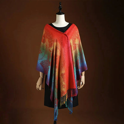 Women’s Rainbow Gradient Jacquard Knit Scarf with Feather Motif