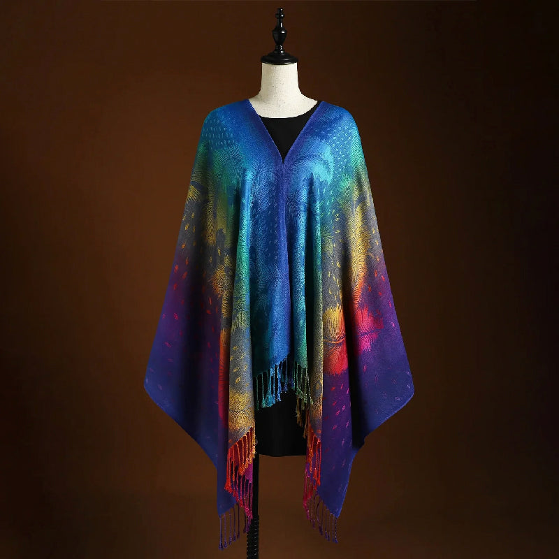 Women’s Rainbow Gradient Jacquard Knit Scarf with Feather Motif