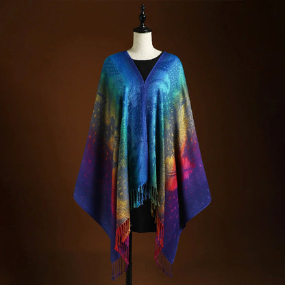 Women’s Rainbow Gradient Jacquard Knit Scarf with Feather Motif