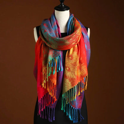 Women’s Rainbow Gradient Jacquard Knit Scarf with Feather Motif