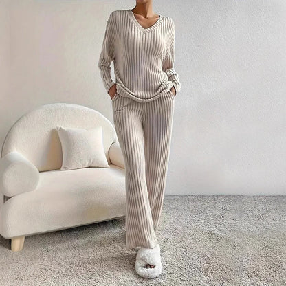 Women's Ribbed Lounge Set with Top and Wide-Leg Pants