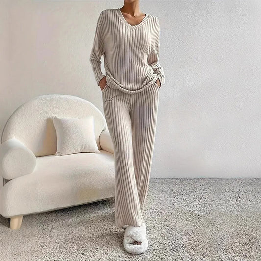 Women's Ribbed Lounge Set with Top and Wide-Leg Pants
