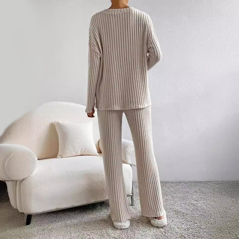 Women's Ribbed Lounge Set with Top and Wide-Leg Pants