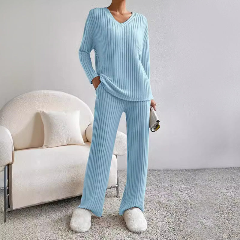 Women's Ribbed Lounge Set with Top and Wide-Leg Pants
