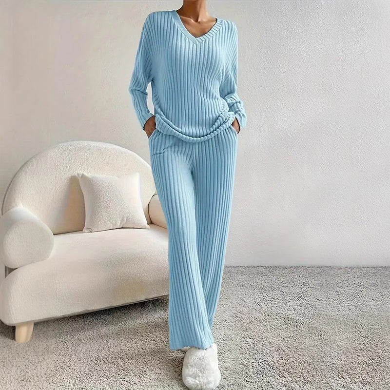 Women's Ribbed Lounge Set with Top and Wide-Leg Pants