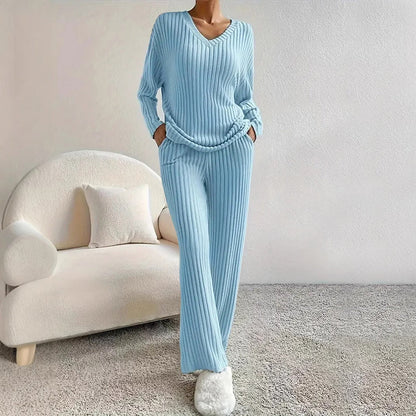 Women's Ribbed Lounge Set with Top and Wide-Leg Pants