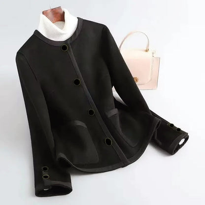 Women’s Round-Neck Short Coat with Contrast Trim