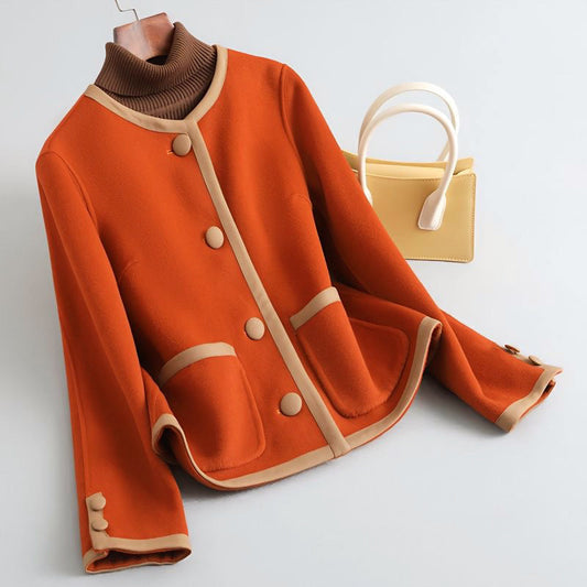 Women’s Round-Neck Short Coat with Contrast Trim