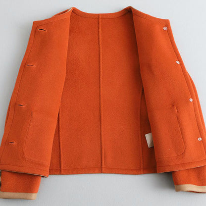 Women’s Round-Neck Short Coat with Contrast Trim