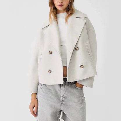 Women’s Short Double-Breasted Coat with Wide Lapel Collar