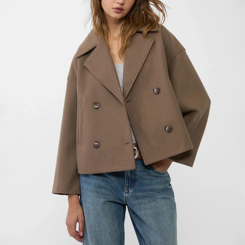 Women’s Short Double-Breasted Coat with Wide Lapel Collar