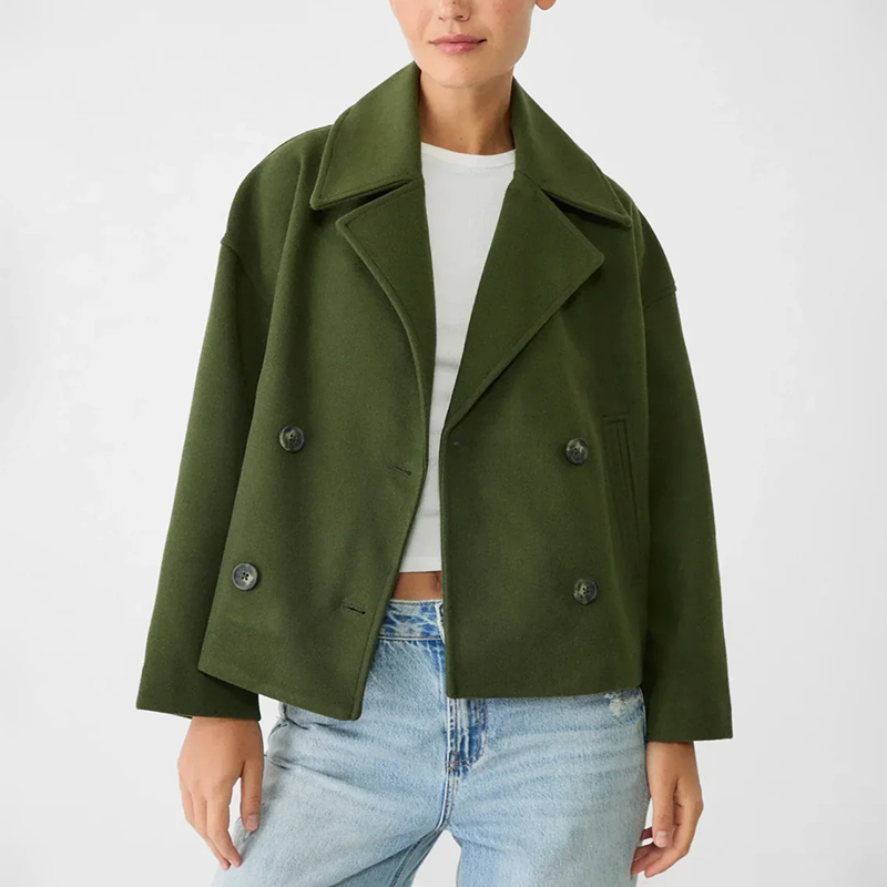 Women’s Short Double-Breasted Coat with Wide Lapel Collar