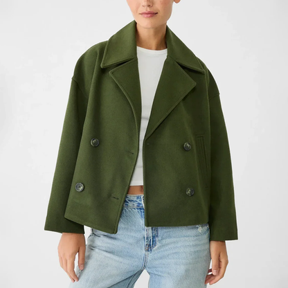 Women’s Short Double-Breasted Coat with Wide Lapel Collar