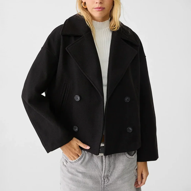 Women’s Short Double-Breasted Coat with Wide Lapel Collar