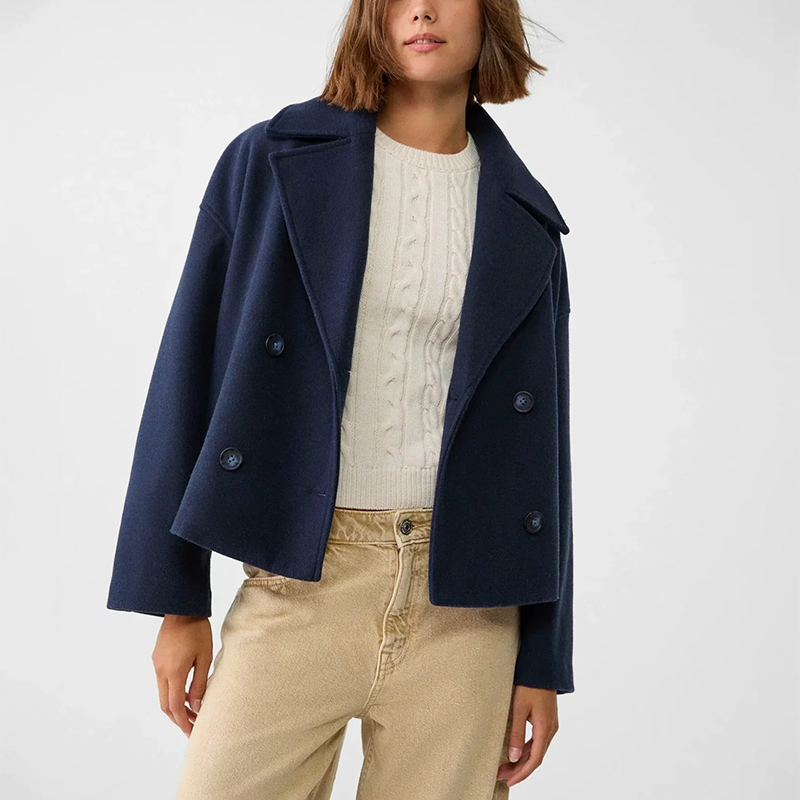Women’s Short Double-Breasted Coat with Wide Lapel Collar