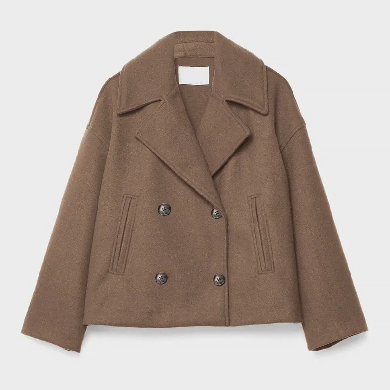 Women’s Short Double-Breasted Coat with Wide Lapel Collar