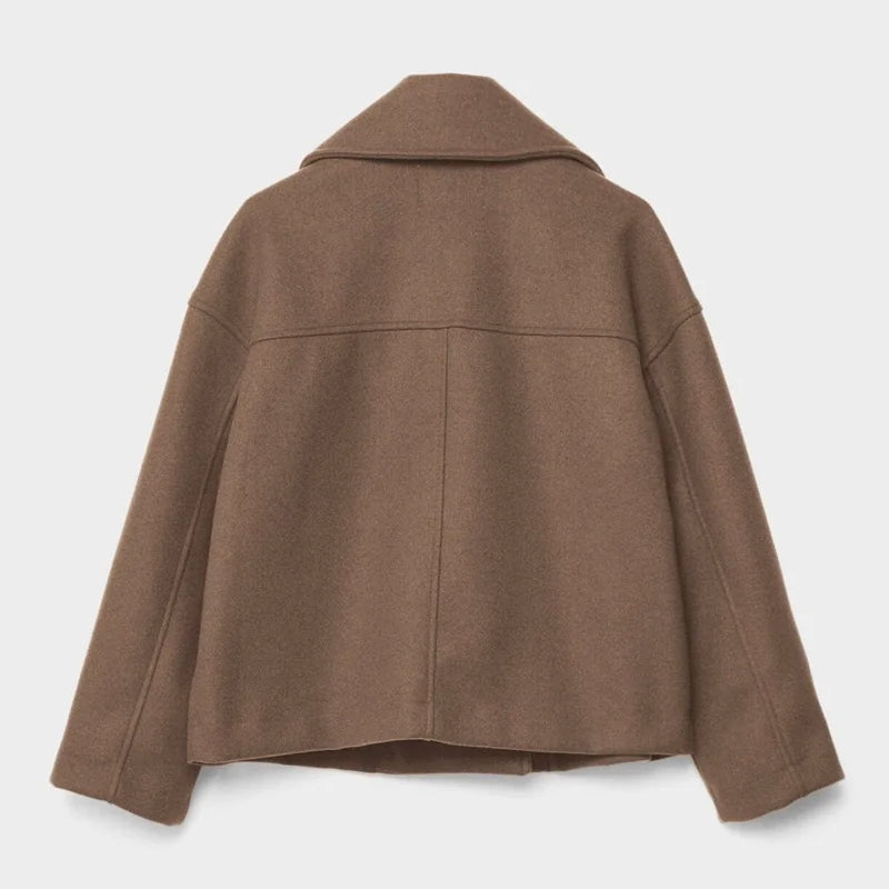 Women’s Short Double-Breasted Coat with Wide Lapel Collar