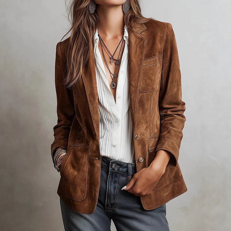 Women’s Tailored Suede Blazer Jacket with Notch Lapel