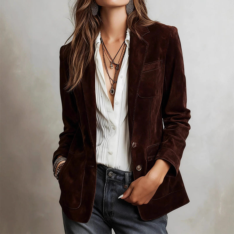 Women’s Tailored Suede Blazer Jacket with Notch Lapel