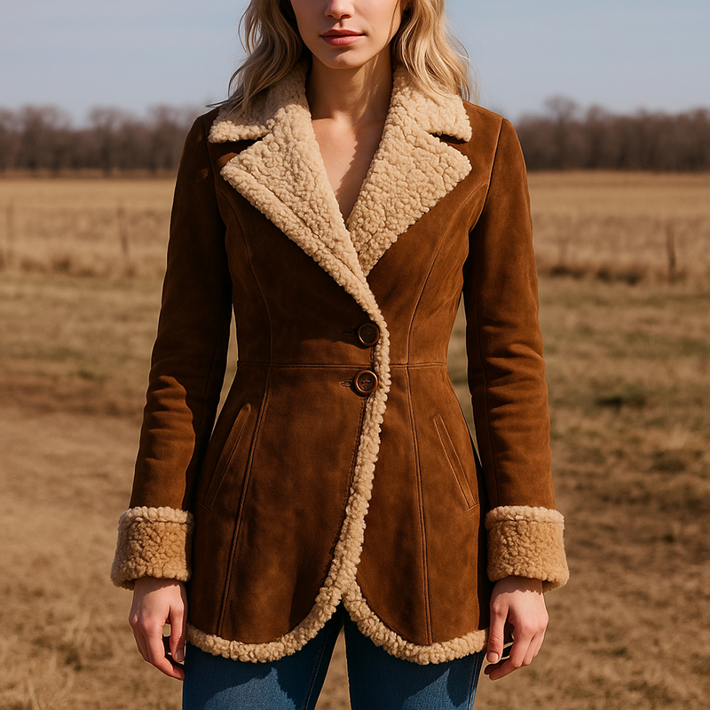 Women’s Tailored Suede Coat with Fur Collar and Cuffs