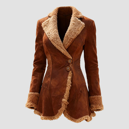 Women’s Tailored Suede Coat with Fur Collar and Cuffs