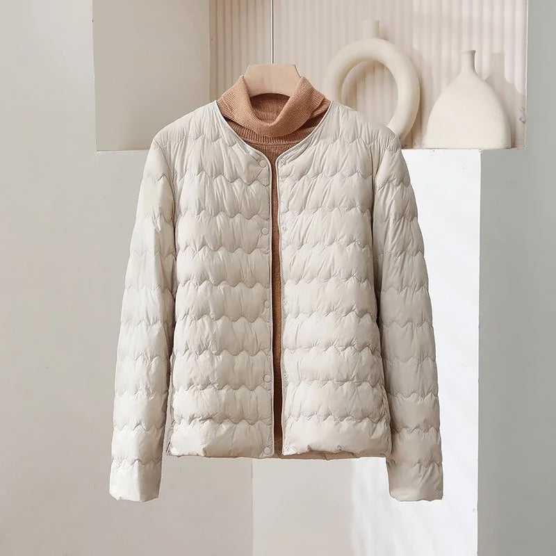 Women’s Thin Down Jacket with Adjustable Collar and Snap Buttons
