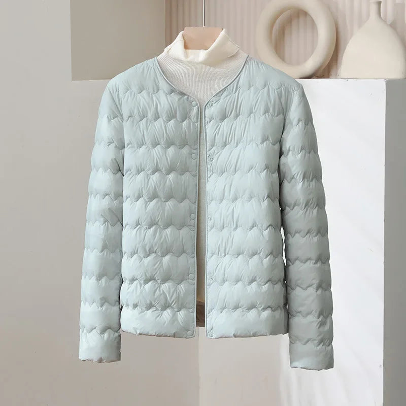 Women’s Thin Down Jacket with Adjustable Collar and Snap Buttons