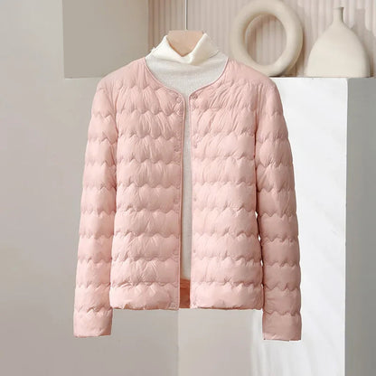 Women’s Thin Down Jacket with Adjustable Collar and Snap Buttons