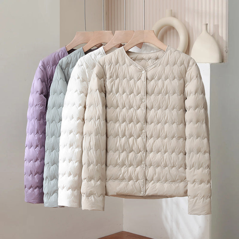 Women’s Thin Down Jacket with Adjustable Collar and Snap Buttons