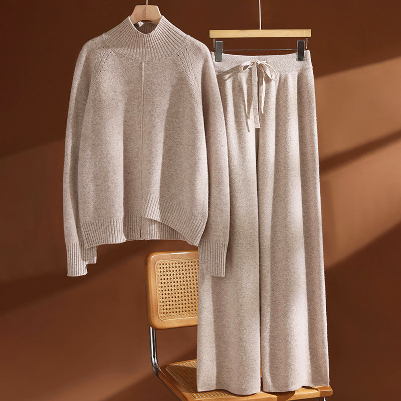 Women’s Wool Knit Set with Sweater and Wide-Leg Pants