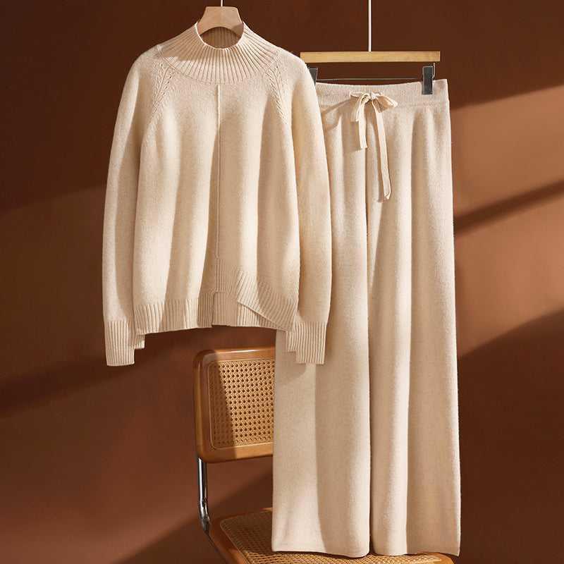 Women’s Wool Knit Set with Sweater and Wide-Leg Pants
